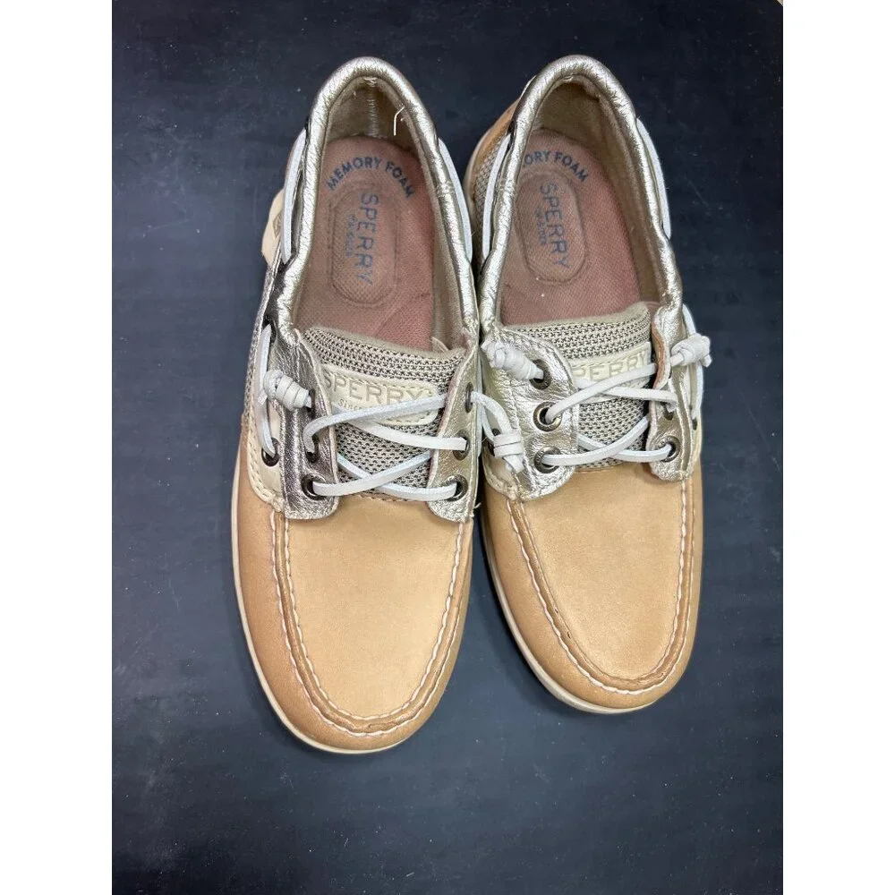 Sperry Womens Memory Foam Tan & Gold Boat Shoes Size 5.5